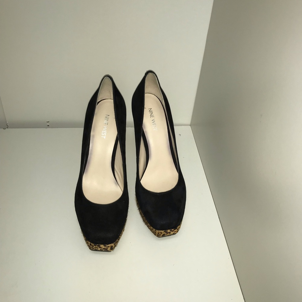Nine West Black Suede &. Leopard Platform Heels 9
